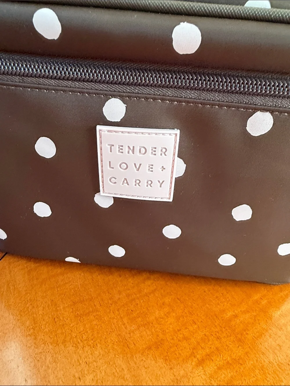 NWT. Brown Cosmetic Case with Pink Polka Dots